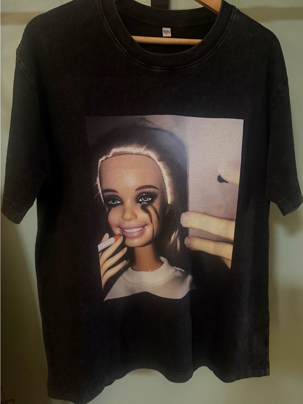 Black Short Sleeve Graphic Tee with Doll Photo Print